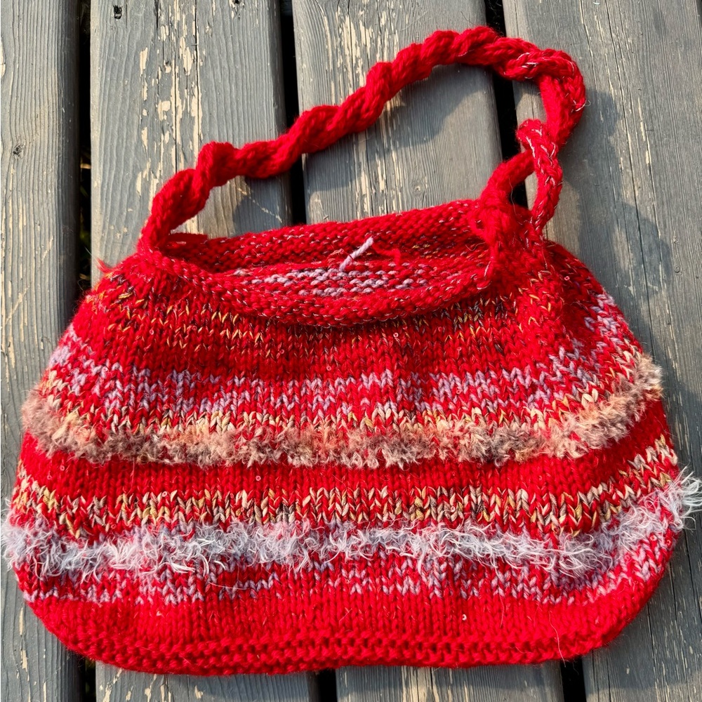 Hand Crafted Red and Brown Knitted Shoulder Bag